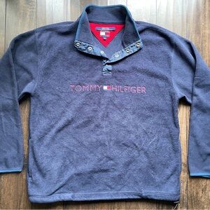 Vintage 1999 Tommy Hilfiger Fleece Pullover Spellout Quarter Button Snap Navy L